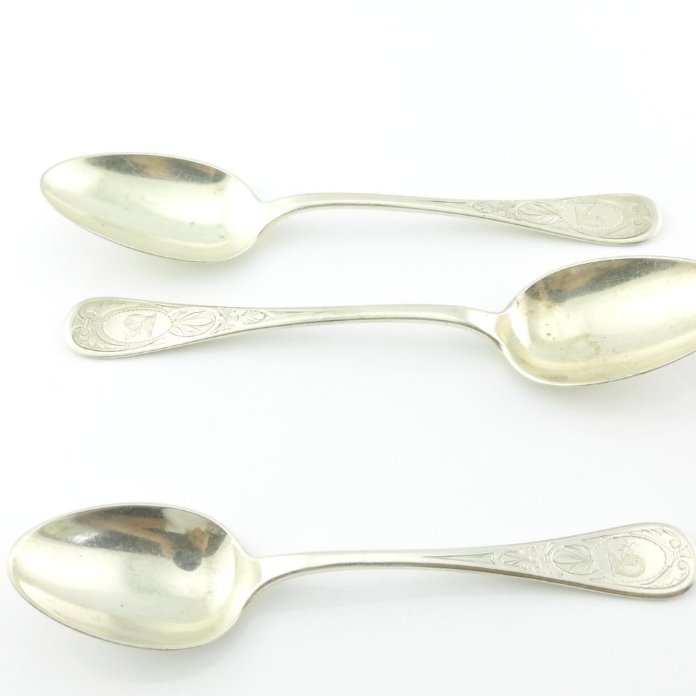 3 Tiffany & Co. 1870 King William Engraved Spoons, 1 Tea, 2 Tablespoons #7249